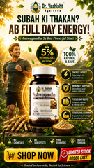 Dr. Vashisht Ayurveda Ashwagandha Capsules 500mg | With 5% Withanolides | Stress Relief, Energy, Stamina & Mental Calm | 100% Herbal Extract | 30 Capsules