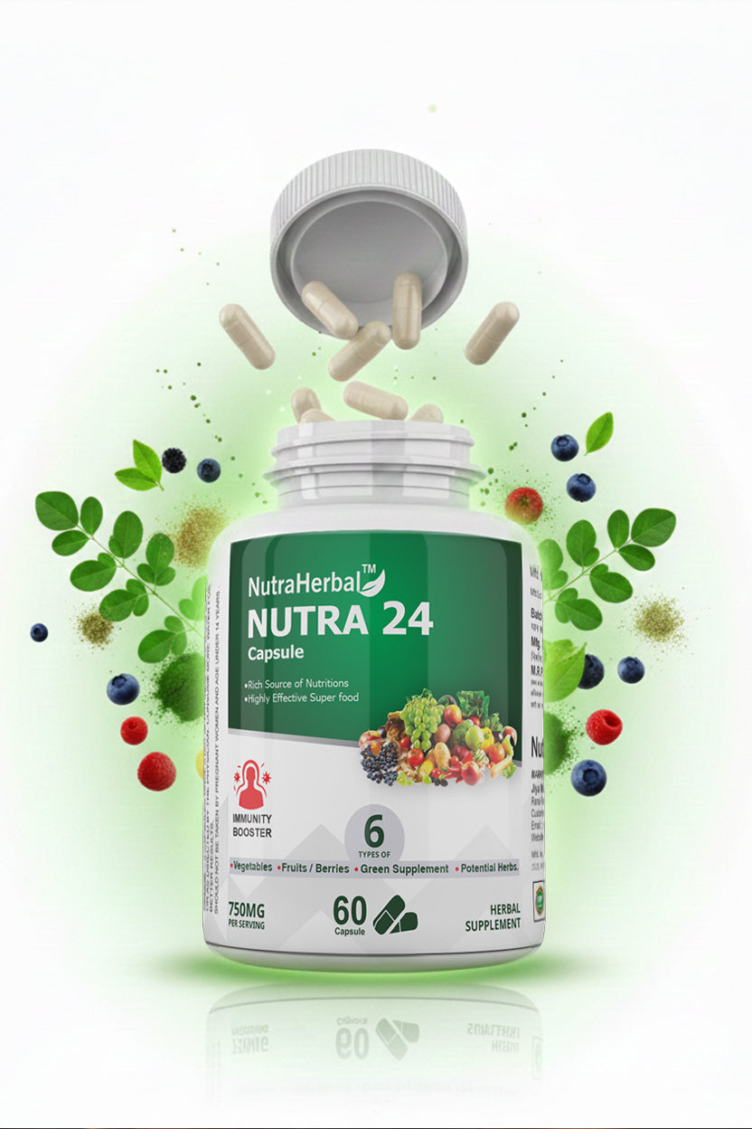 Nutra 24 Herbal Capsules | 24 Superfoods & Herbs | Daily Nutrition & Immunity Booster | 750mg per Capsule | 60 Capsules