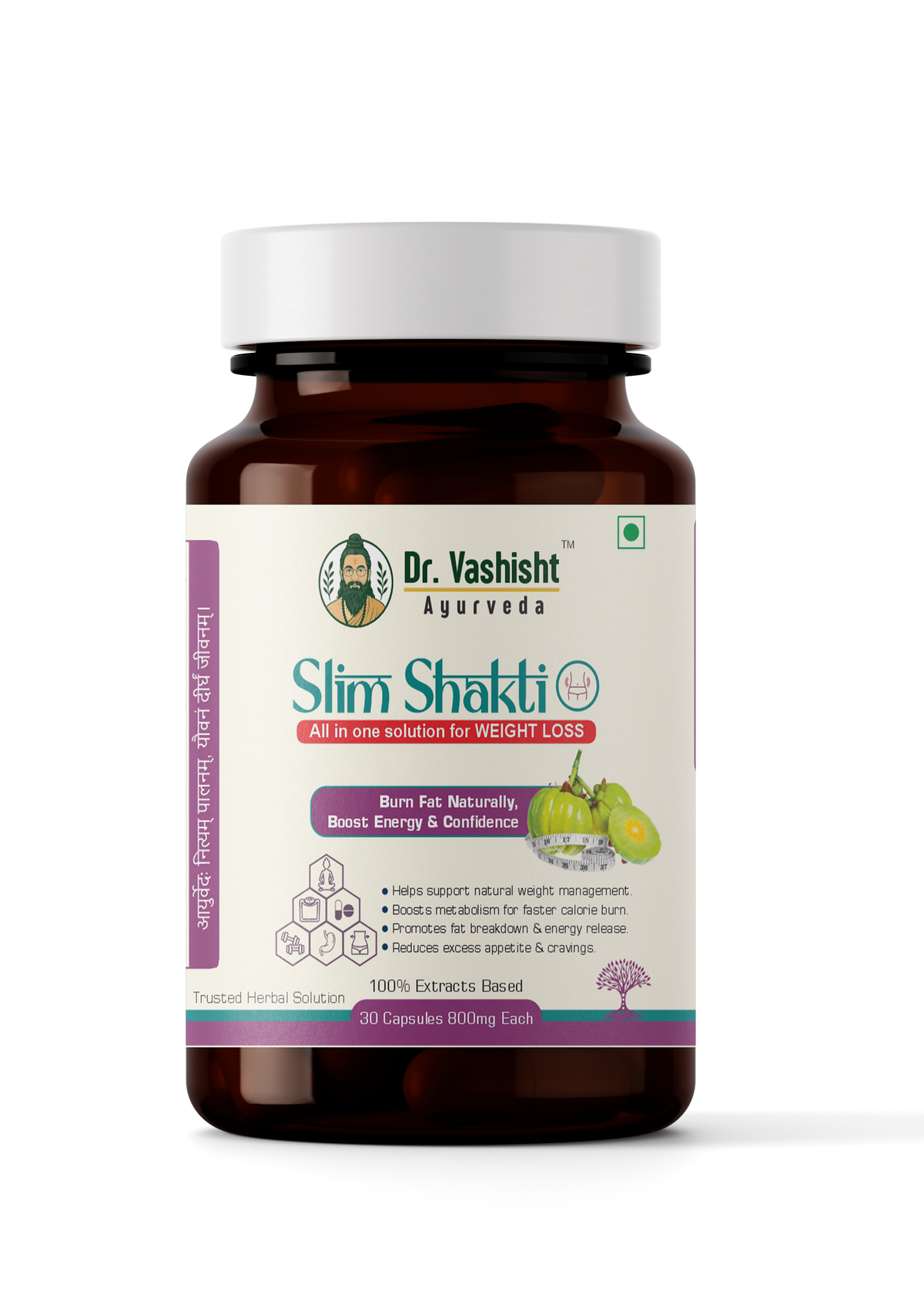 Dr. Vashisht Ayurveda Slim Shakti Capsules for Weight Loss | Herbal Weight Loss Capsules with Garcinia Cambogia, Green Coffee & L-Carnitine | Boost Metabolism & Burn Fat Naturally | 30 Capsules