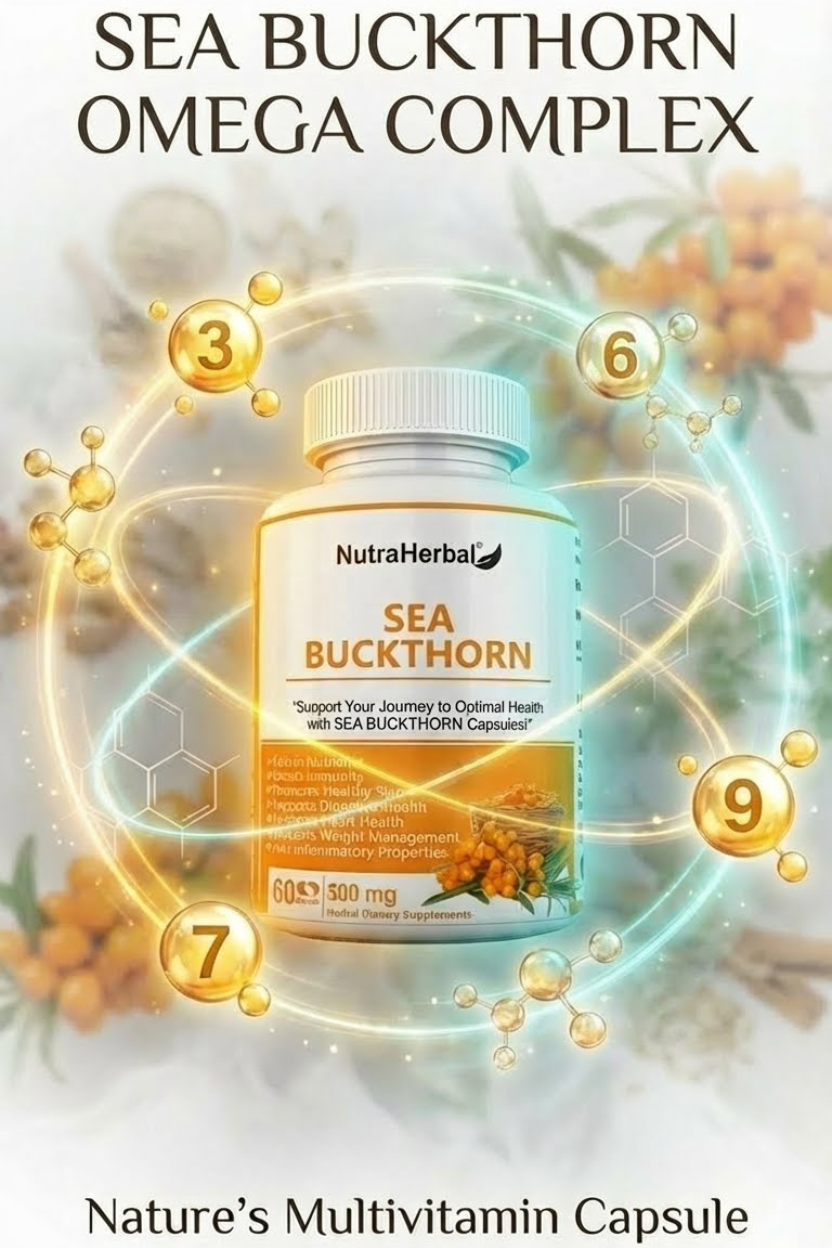 NutraHerbal Sea Buckthorn Capsules 500mg | Rich in Omega 3, 6, 7 & 9 | Skin, Hair & Immunity Support | 100% Herbal | 60 Capsules