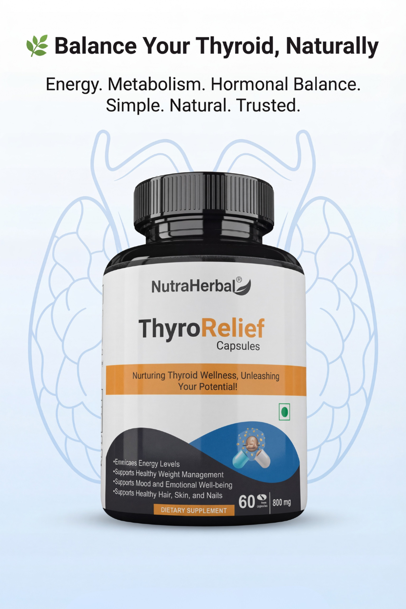 NutraHerbal ThyroRelief Capsules – Natural Thyroid Support Supplement for Hypothyroid & Hyperthyroid Balance | Energy, Metabolism & Hormonal Wellness | 60 Capsules (500 mg)