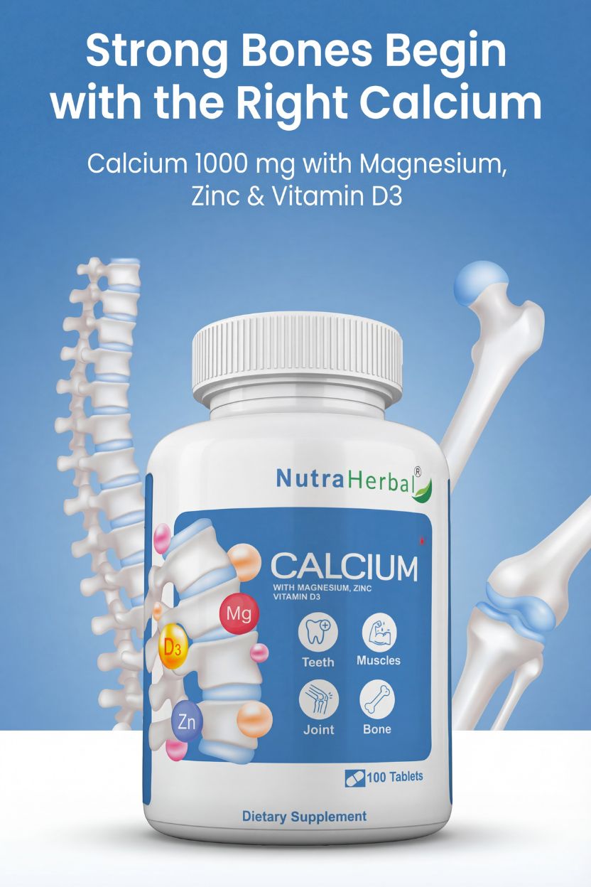 NutraHerbal Calcium 1000 mg Tablets with Magnesium, Zinc & Vitamin D3 | High Strength Bone & Joint Support | Improves Muscle Strength & Teeth Health | Daily Calcium Supplement | 100 Tablets