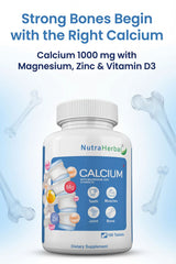 NutraHerbal Calcium 1000 mg Tablets with Magnesium, Zinc & Vitamin D3 | High Strength Bone & Joint Support | Improves Muscle Strength & Teeth Health | Daily Calcium Supplement | 100 Tablets