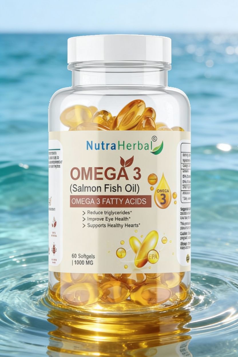 NutraHerbal Omega 3 Salmon Fish Oil Capsules 1000mg | Rich in EPA & DHA | Supports Heart, Brain & Eye Health | Premium Omega 3 Fatty Acids | 60 Softgels