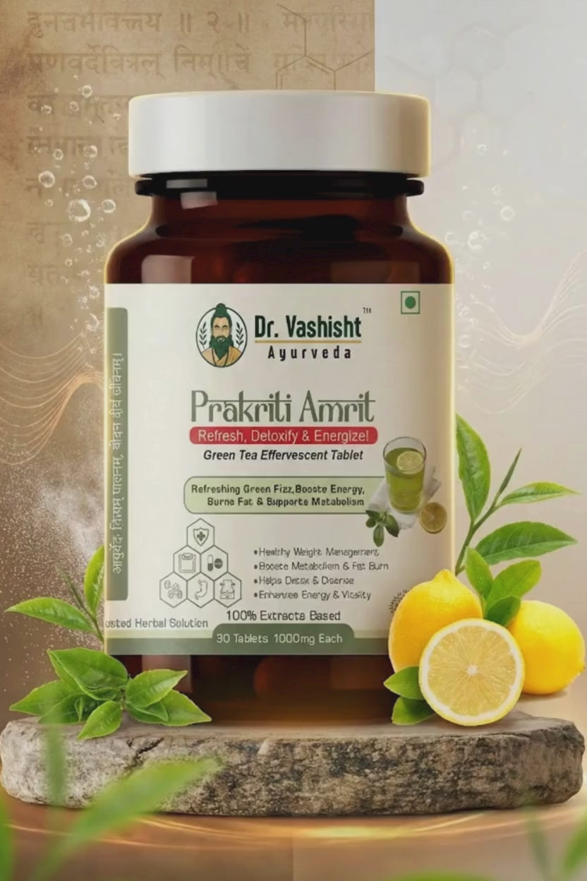 Dr. Vashisht Ayurveda Prakriti Amrit Green Tea Effervescent Tablet with Lemon | Refresh, Detoxify & Energize | Supports Metabolism, Fat Burn & Energy | Sugar Free | 30 Tablets