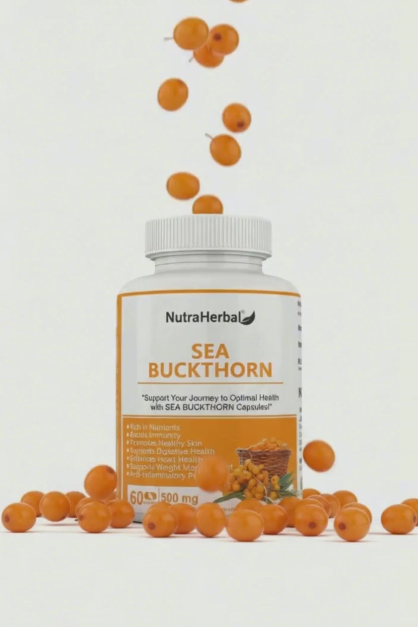 NutraHerbal Sea Buckthorn Capsules 500mg | Rich in Omega 3, 6, 7 & 9 | Skin, Hair & Immunity Support | 100% Herbal | 60 Capsules