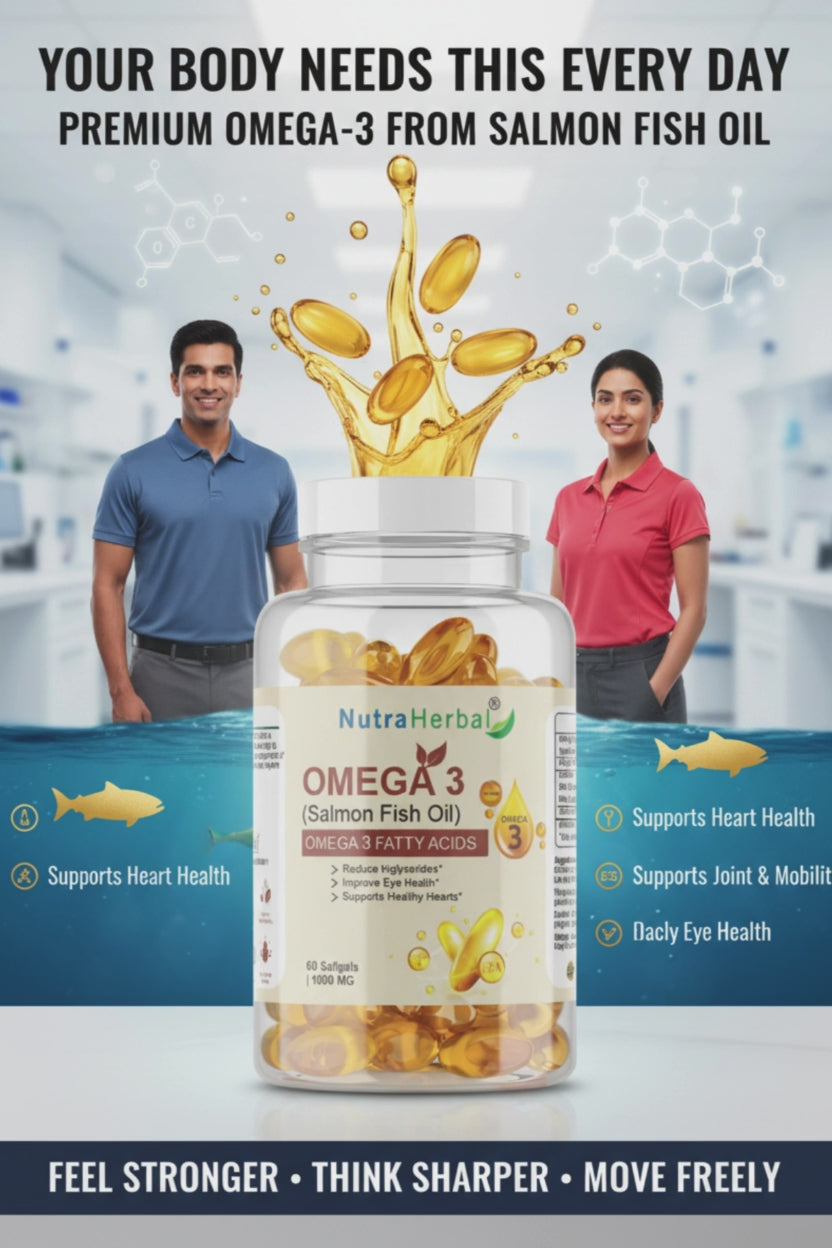 NutraHerbal Omega 3 Salmon Fish Oil Capsules 1000mg | Rich in EPA & DHA | Supports Heart, Brain & Eye Health | Premium Omega 3 Fatty Acids | 60 Softgels