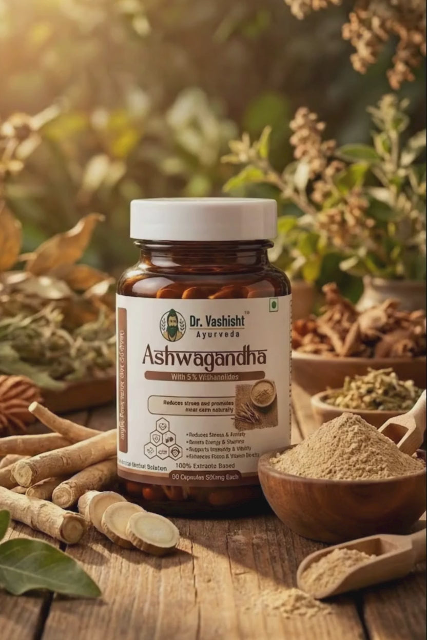 Dr. Vashisht Ayurveda Ashwagandha Capsules 500mg | With 5% Withanolides | Stress Relief, Energy, Stamina & Mental Calm | 100% Herbal Extract | 30 Capsules
